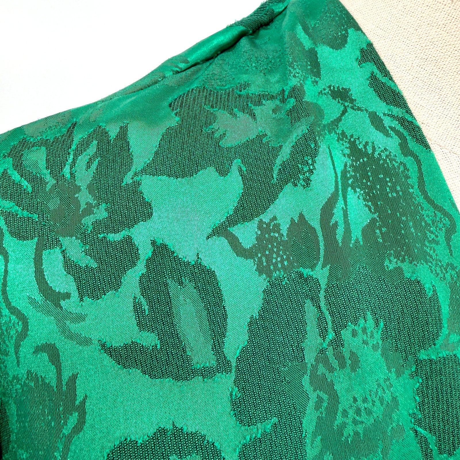 Vintage 80s Emerald Green Polyester Jacquard Drop Waist Wrap Tiered Ruffle Dress
