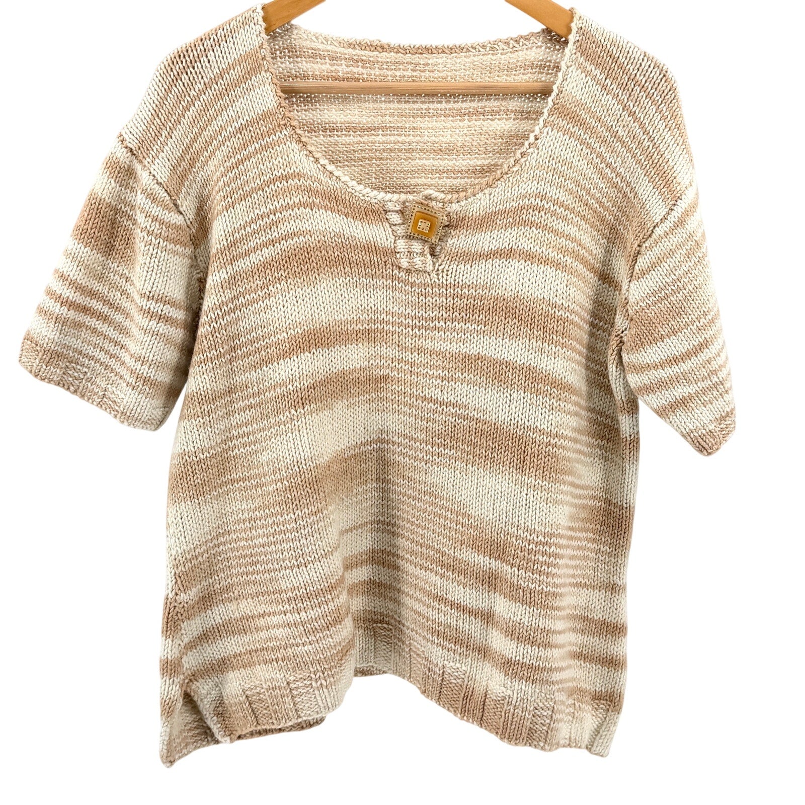 Vintage 80s Handmade Beige Cream Striped Scoop Neck Short Sleeve Sweater