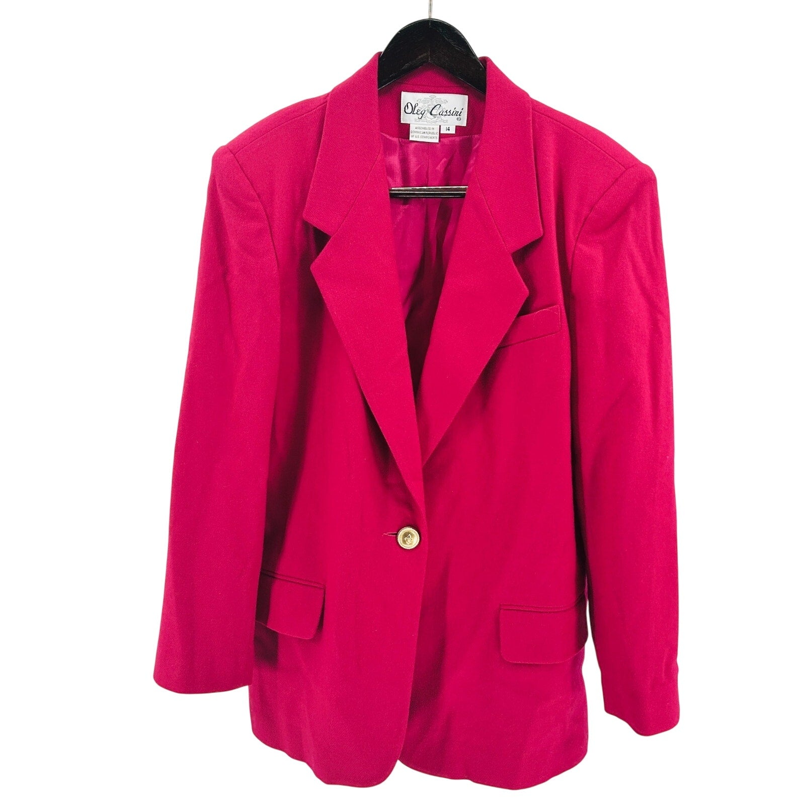 Vintage 90s Oleg Cassini Wool Hot Pink Minimalist Gold Button Power Blazer