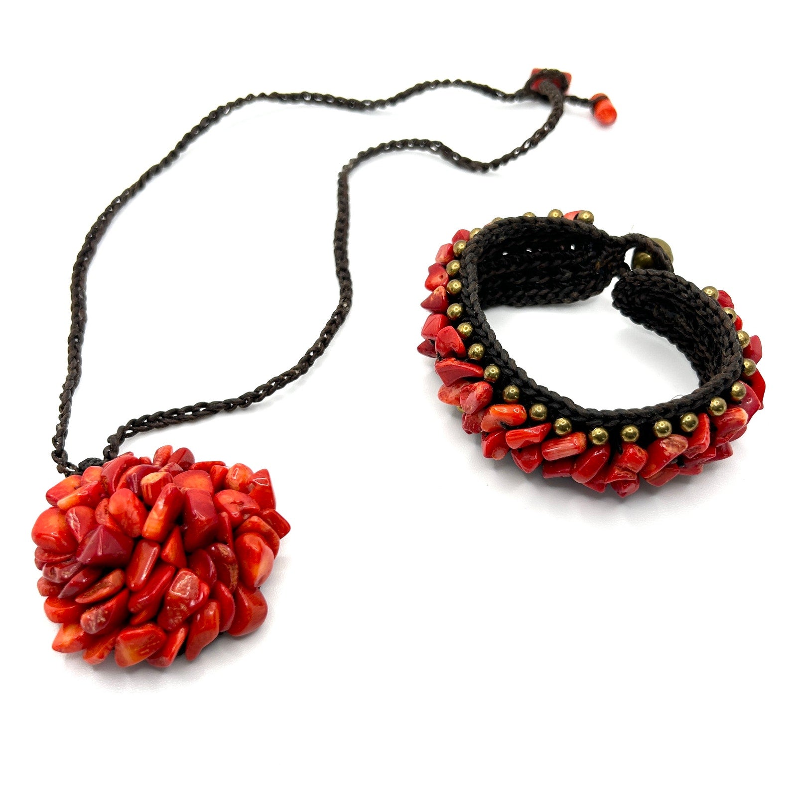 Vintage 90s Genuine Coral Red Nugget Pendant Necklace Bracelet Cuff Set