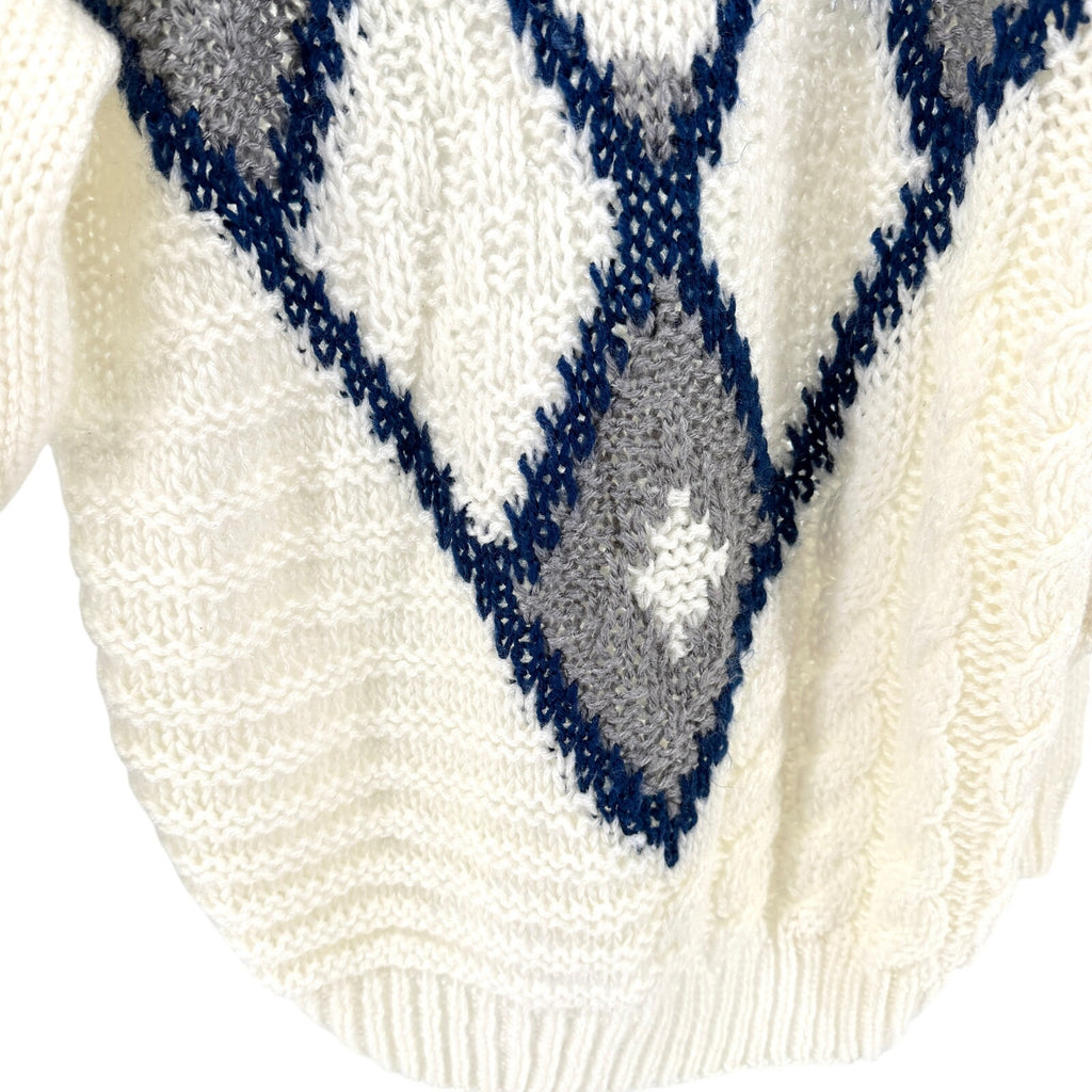 Vintage 80s J.T. Beckett White Blue Diamond Pattern Oversized Ski Sweater