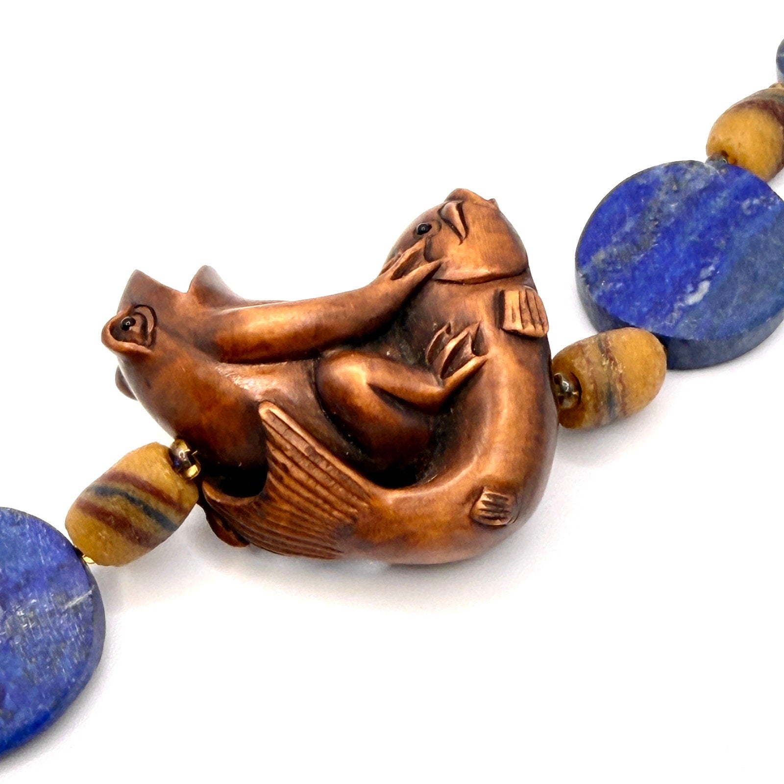 Vintage 90s Lapis Lazuli Wood Hand Carved Frog Fish Netsuke Necklace