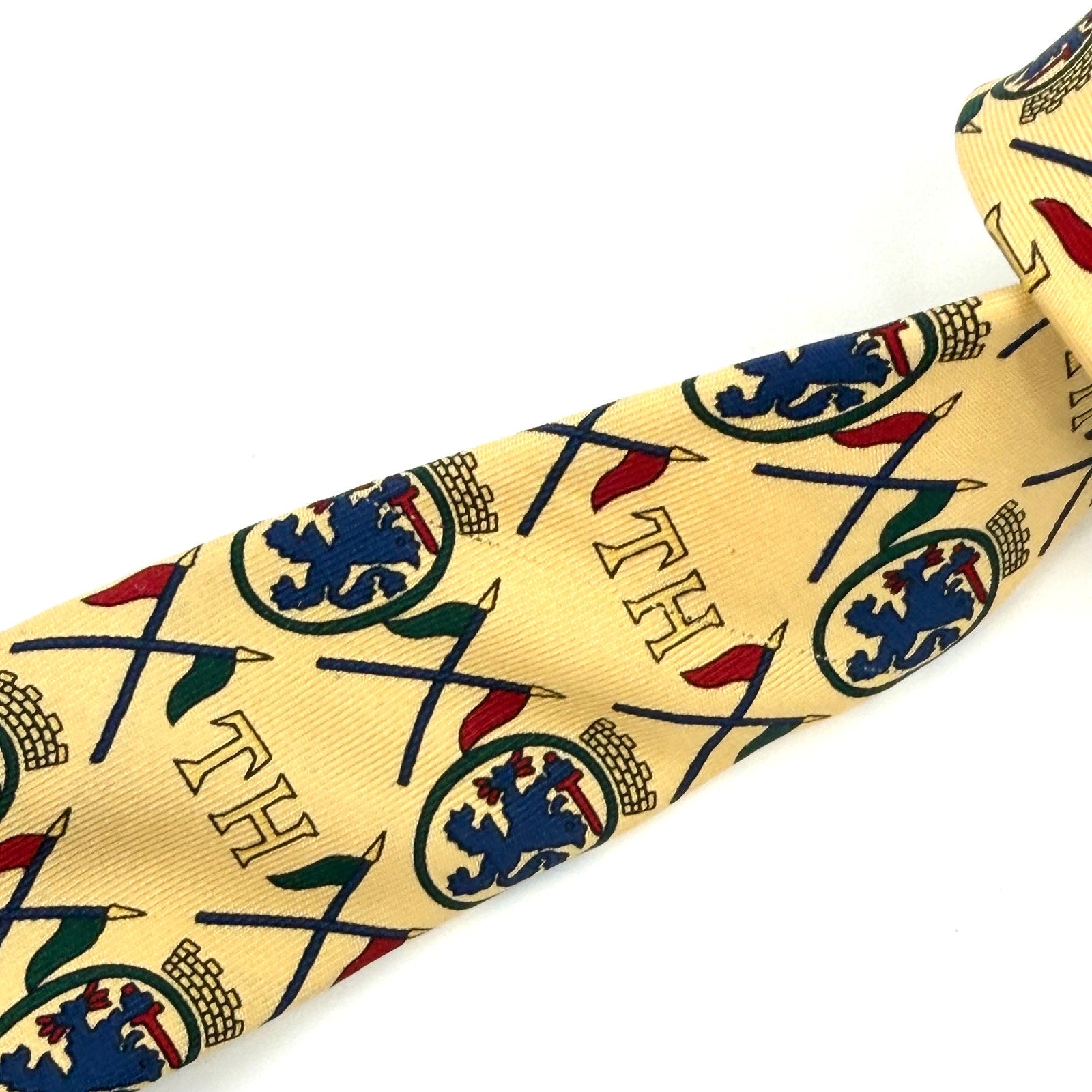 Vintage 90s Tommy Hilfiger Maroon Beige 100% Silk Nautical Flag Crest Necktie