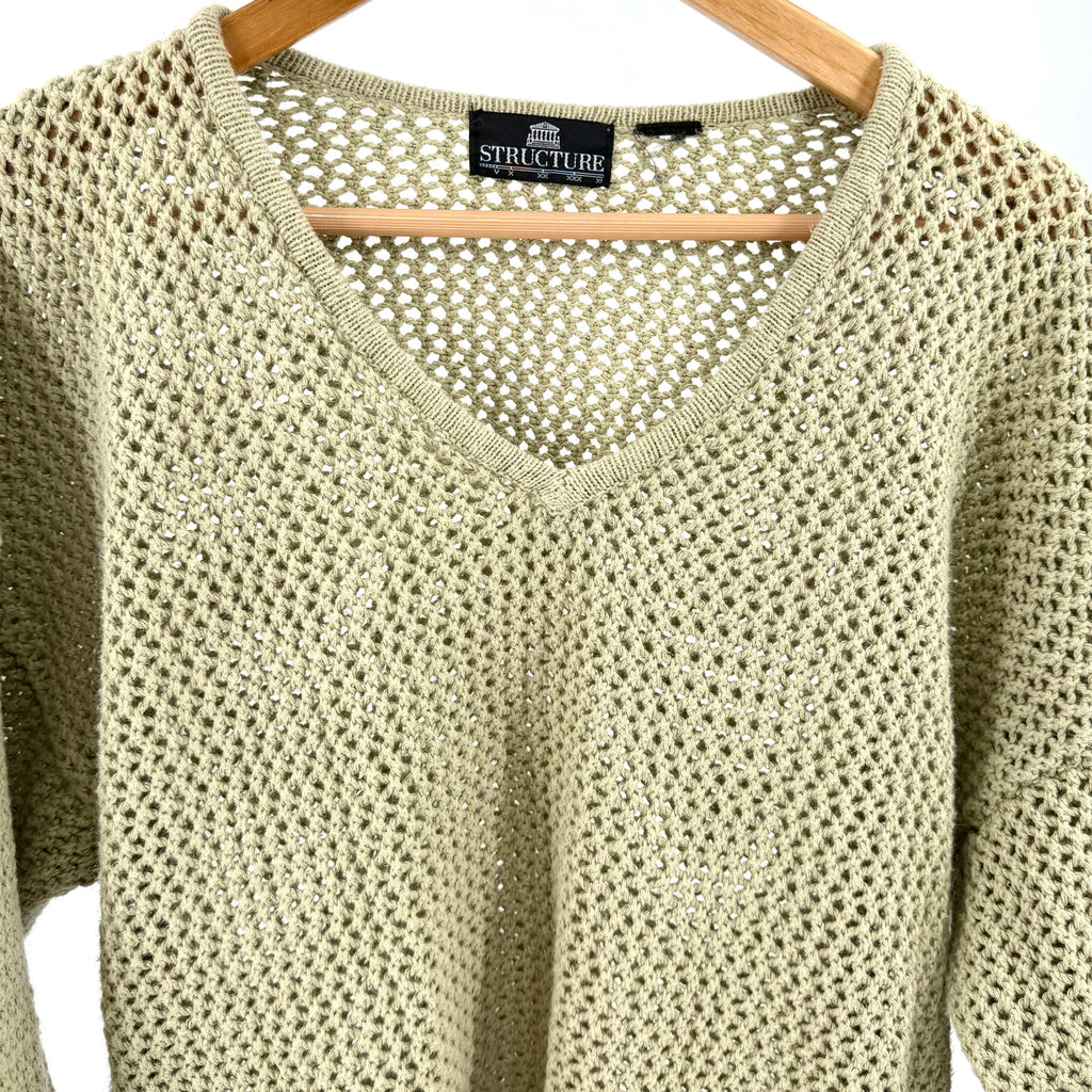 Vintage 90s Structure Beige 100% Cotton Mesh Open Weave V-Neck Sweater