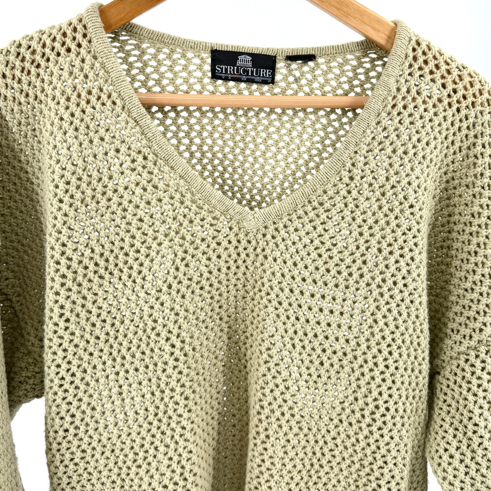 Vintage 90s Structure Beige 100% Cotton Mesh Open Weave V-Neck Sweater