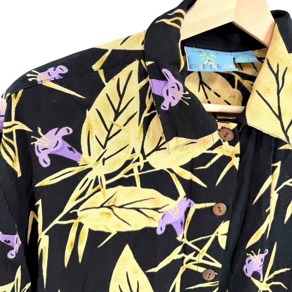 Vintage 90s Key Lime Clothing Co Yellow Black Rayon Tropical Palm Tree Shirt