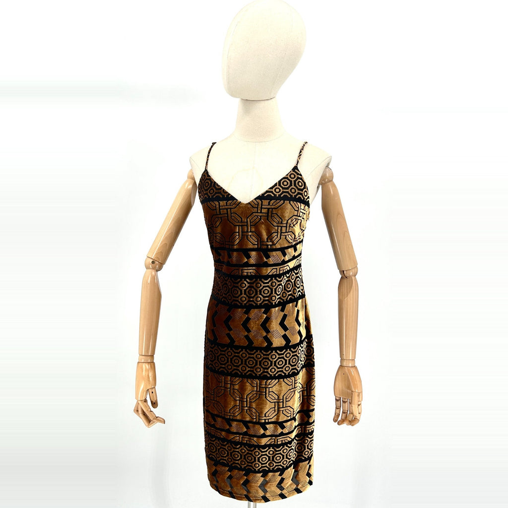 Nicole Miller Studio Black Bronze Velvet Burnout Stretchy Art Deco Midi Dress