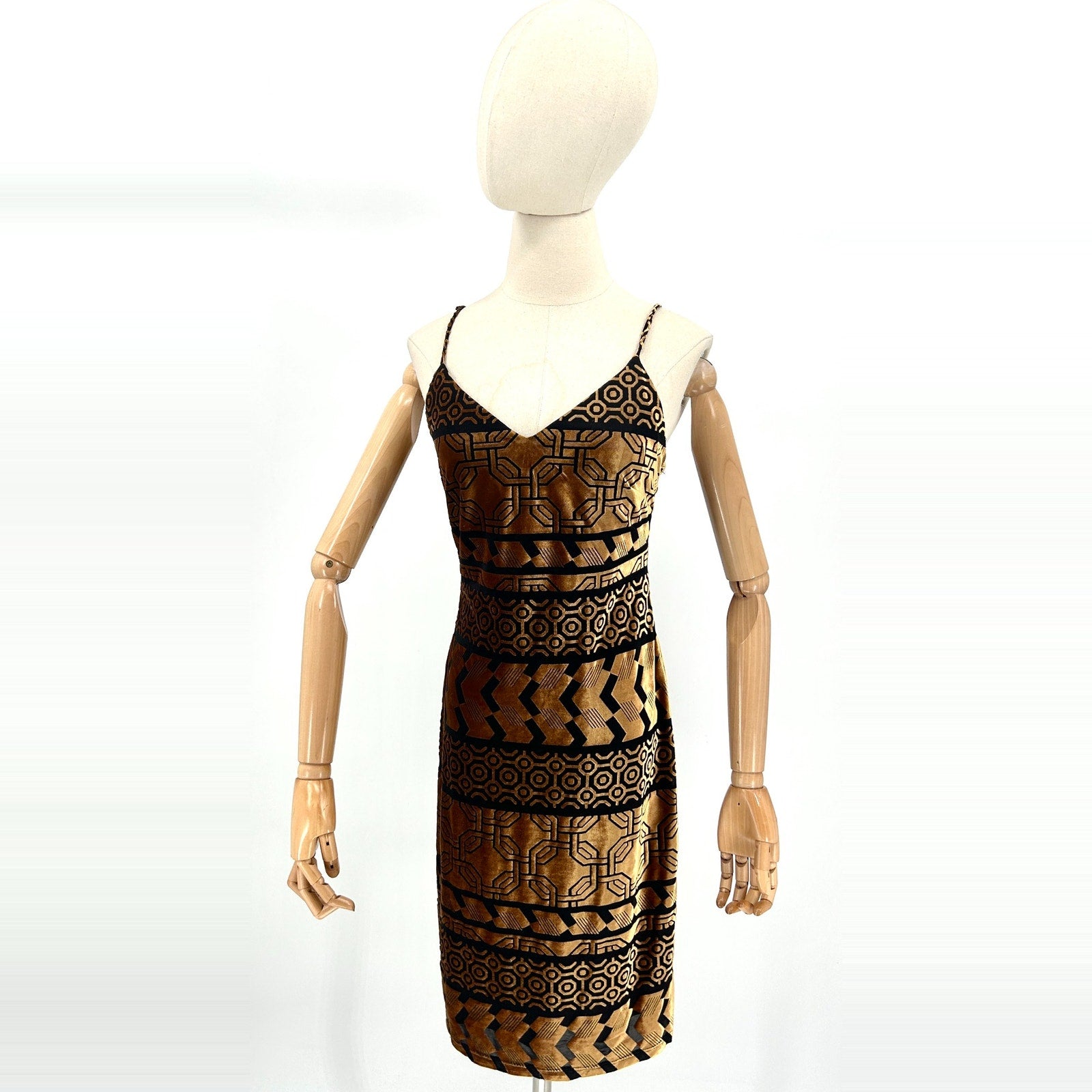 Nicole Miller Studio Black Bronze Velvet Burnout Stretchy Art Deco Midi Dress