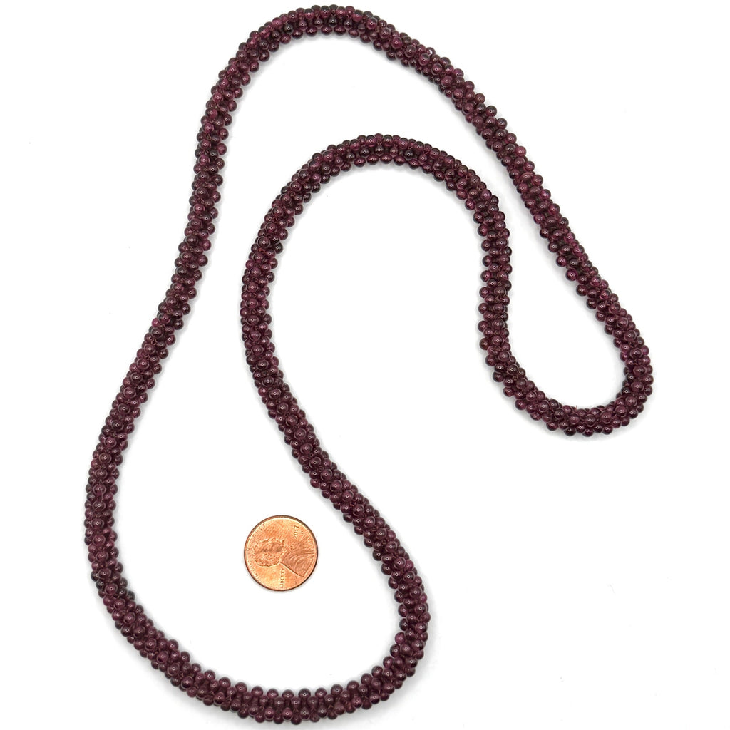 Vintage 80s Deep Wine Red Garnet Woven Bead Rope Boho Infinity Necklace