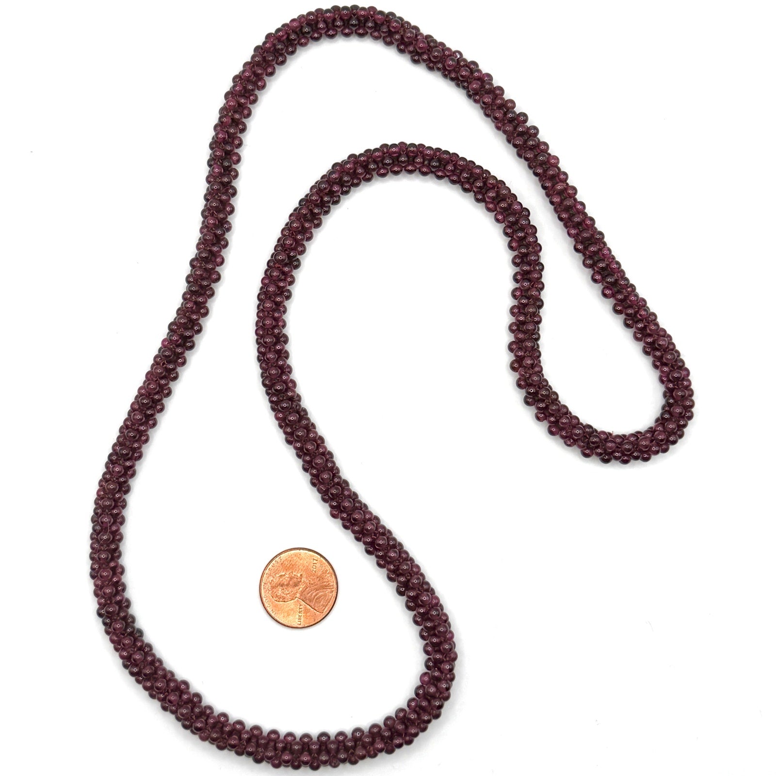 Vintage 80s Deep Wine Red Garnet Woven Bead Rope Boho Infinity Necklace