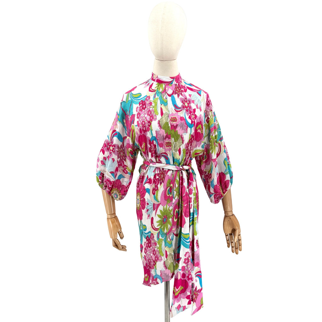 Trina Turk Pink Blue Floral Silk Blend Plissé Mini Dress