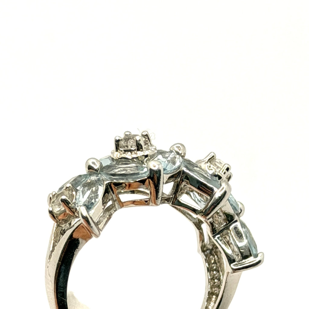 Vintage 90s Sterling Silver Marquise Blue Topaz Floral Cluster Ring
