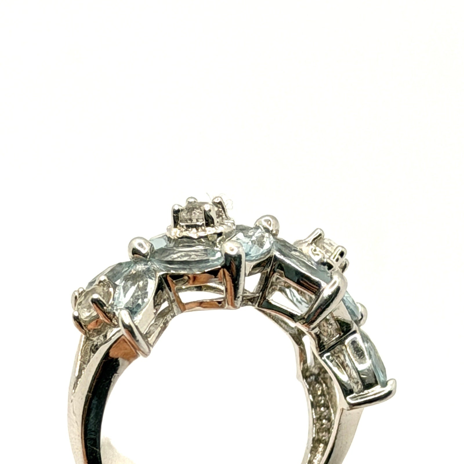 Vintage 90s Sterling Silver Marquise Blue Topaz Floral Cluster Ring