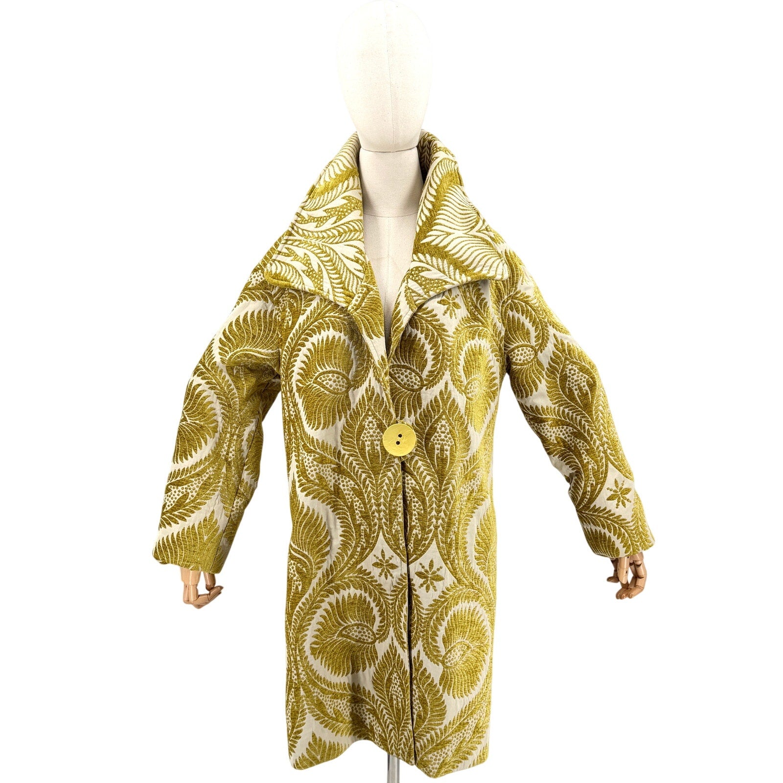 Vintage Y2K 3 Sisters Cream Yellow Tapestry Floral Wire Collar Duster Jacket