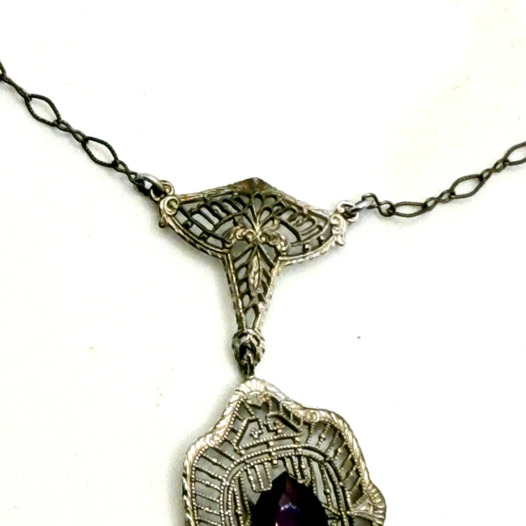 Vintage 20s Art Deco Purple Amethyst Filigree Silver Tone Lavalier Necklace