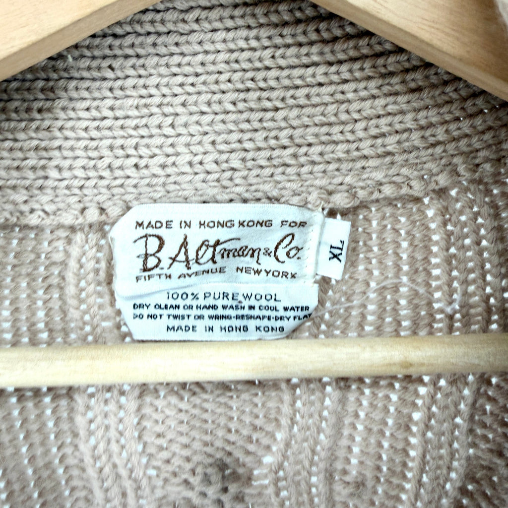 Vintage 70s B Altman Beige 100% Wool Cable Knit Shawl Collar Cardigan