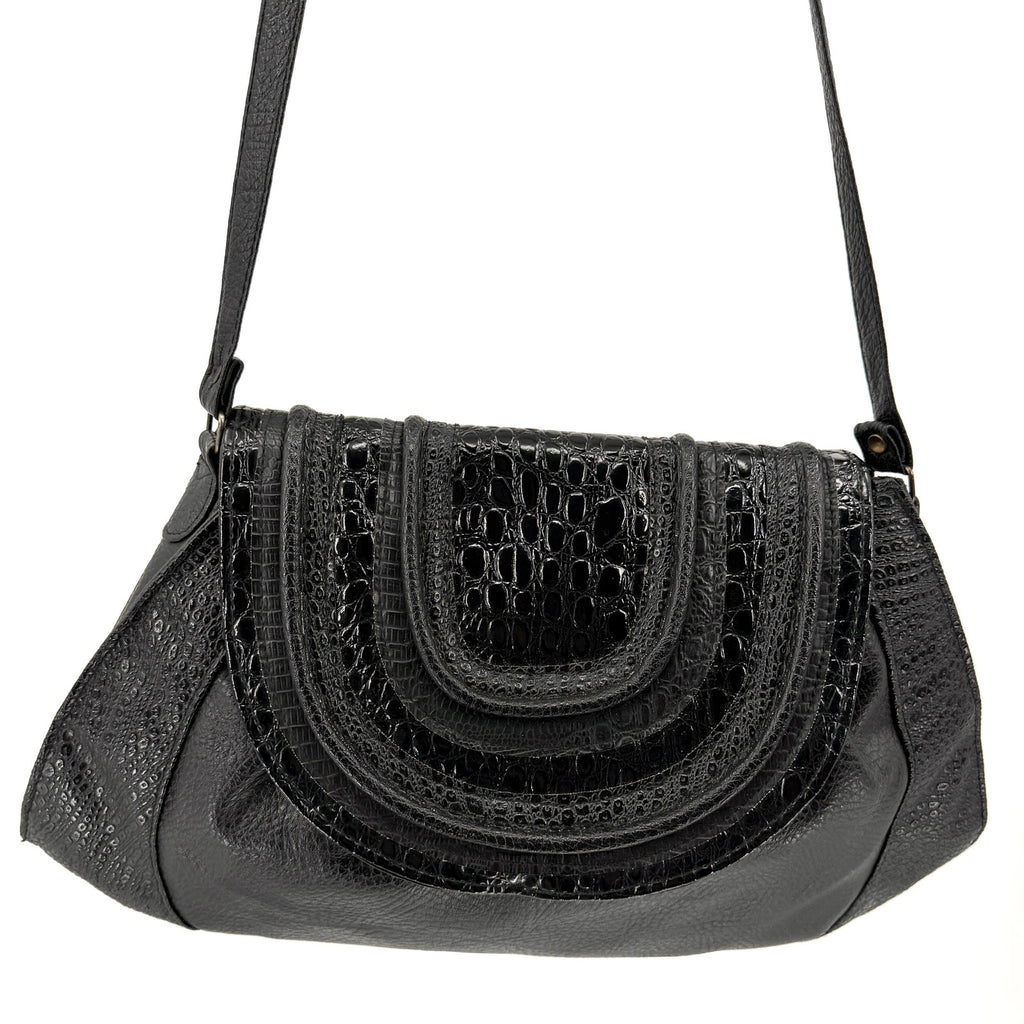 Vintage 80s Black Genuine Leather Patent Mock Croc Shoulder Bag