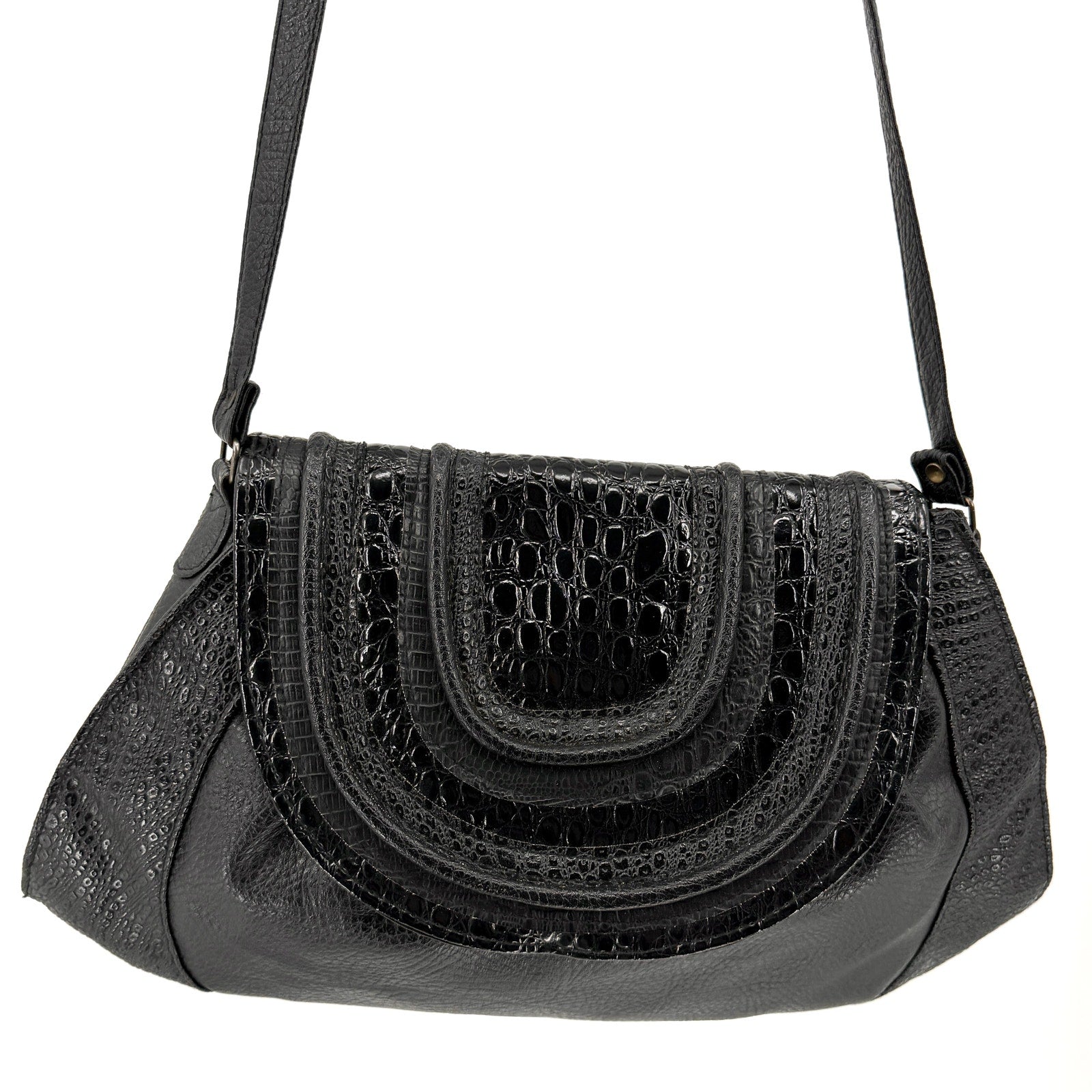 Vintage 80s Black Genuine Leather Patent Mock Croc Shoulder Bag
