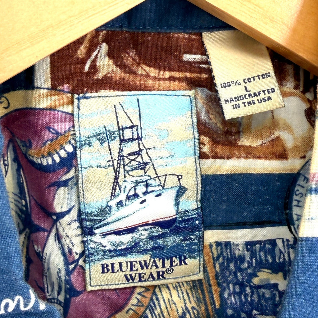 Vintage 90s Bluewater Wear Blue 100% Cotton Deep Sea Fishing Button Up Shirt