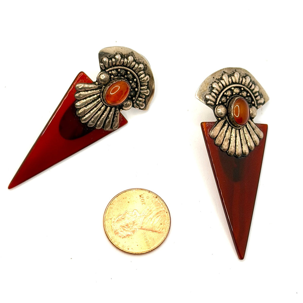 Vintage 90s Amber Resin Sterling Silver Carnelian Art Deco Revival Stud Earrings