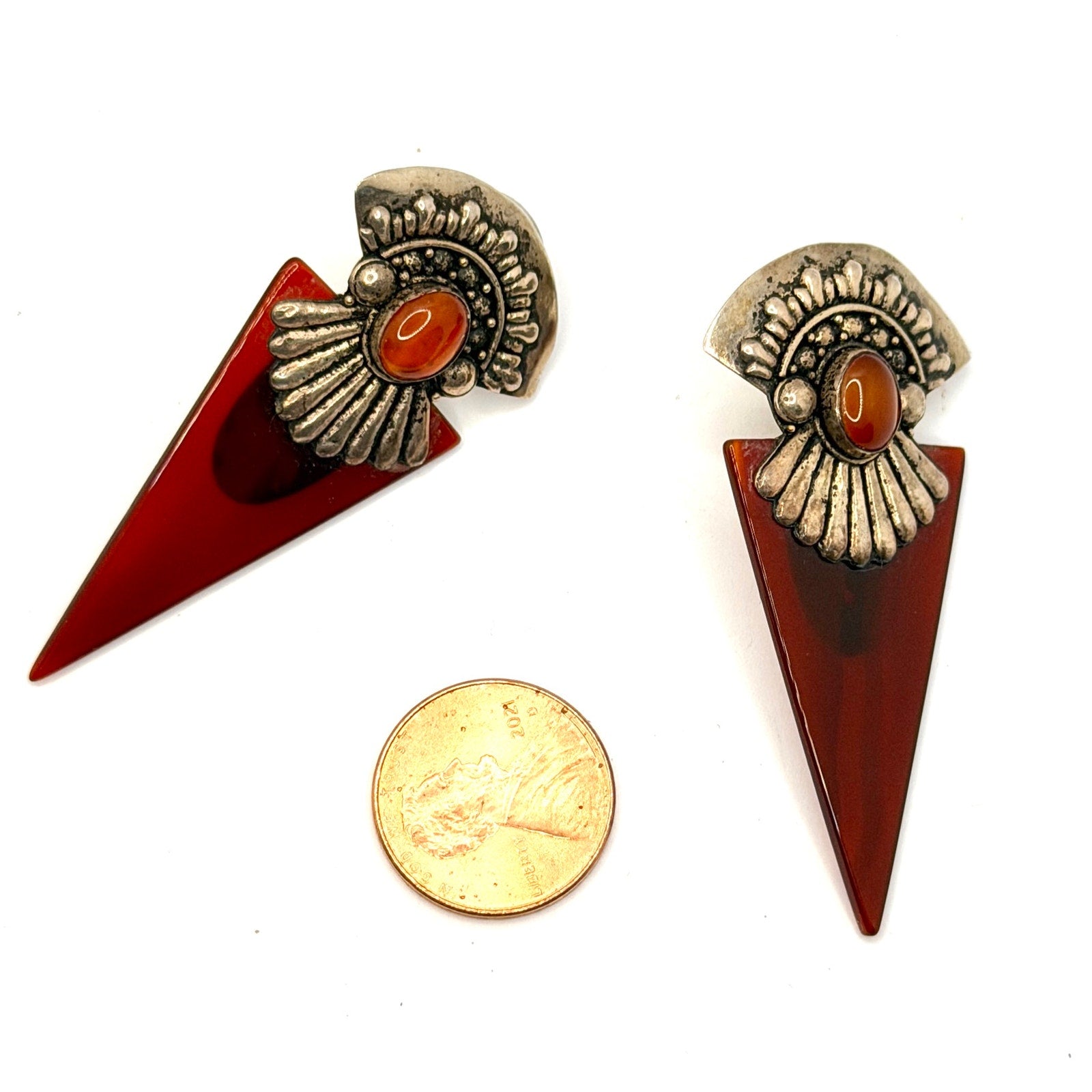 Vintage 90s Amber Resin Sterling Silver Carnelian Art Deco Revival Stud Earrings