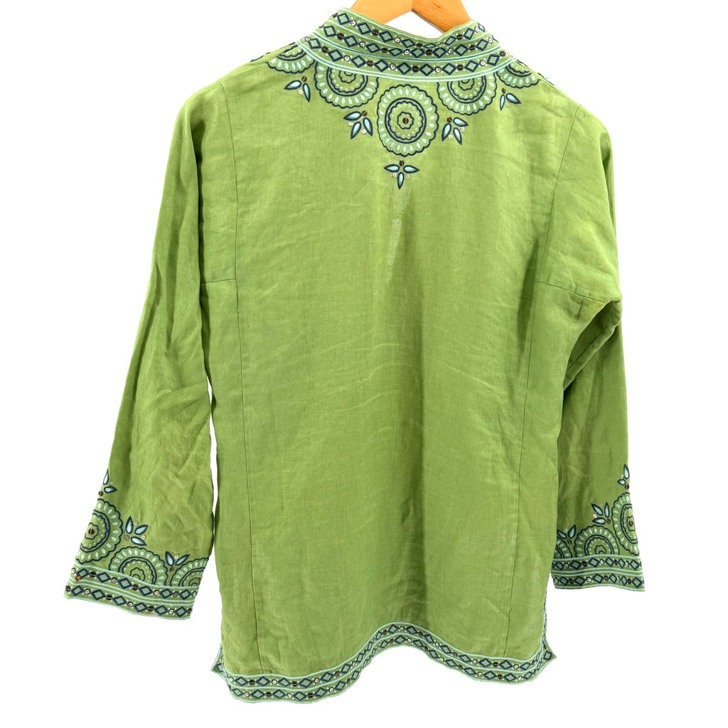 J. Crew Lime Green 100% Linen Embroidered Sequin Long Sleeve Tunic