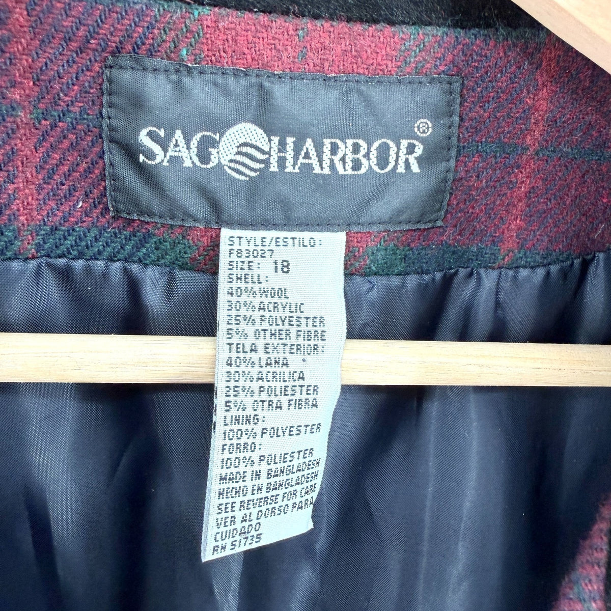Vintage 90s Sag Harbor Red Navy Plaid Oversized Velvet Collar Blazer