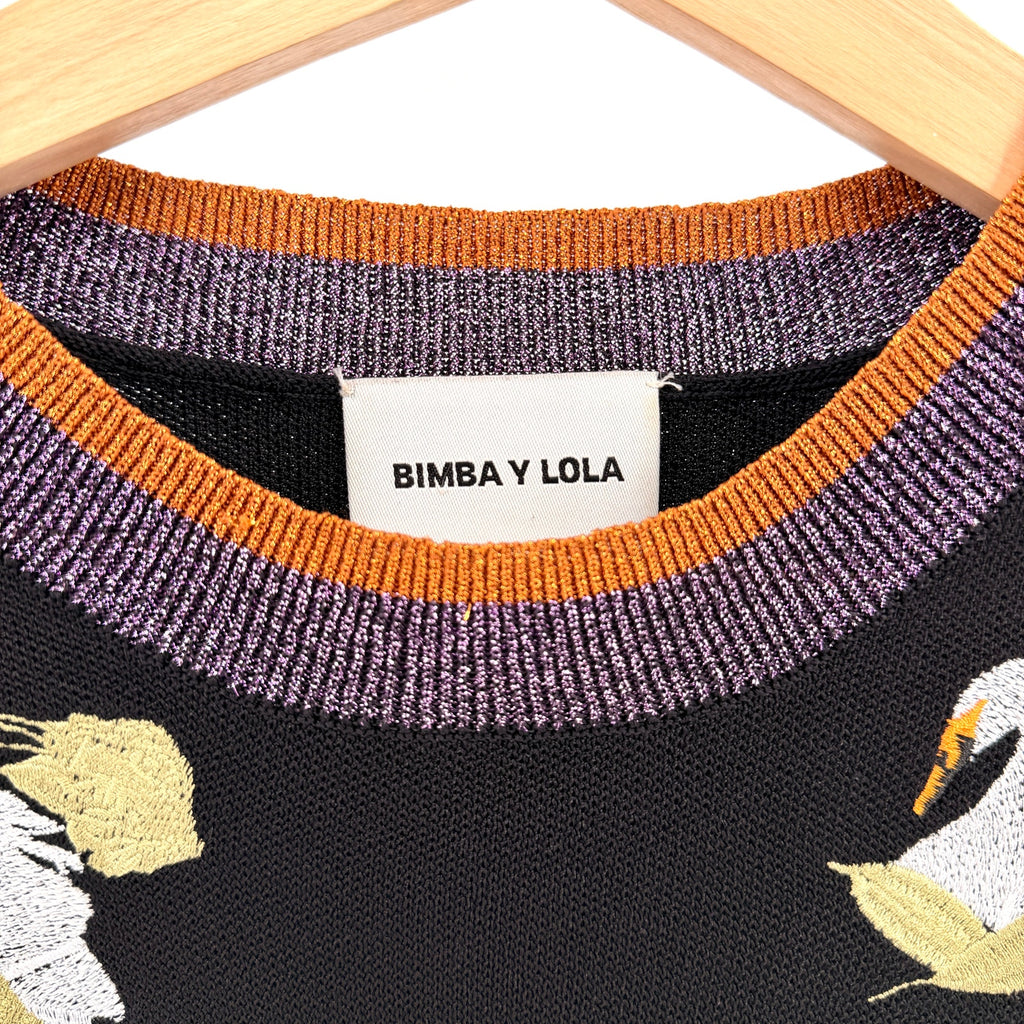 Bimba Y Lola Black Metallic Trim Embroidered Swan Sweater