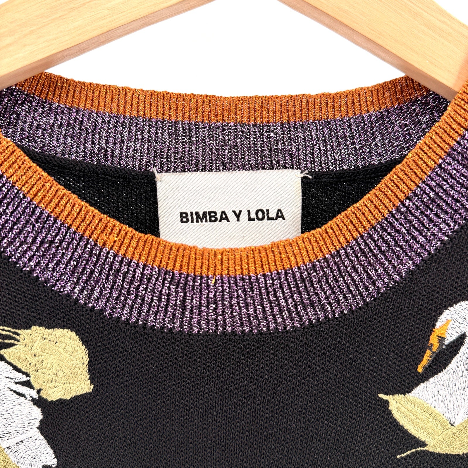 Bimba Y Lola Black Metallic Trim Embroidered Swan Sweater