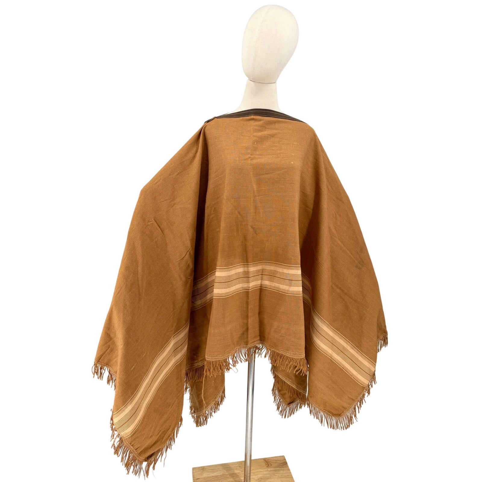 Vintage 70s Brown Striped Fringed Distressed Boat Neck Wrap Poncho