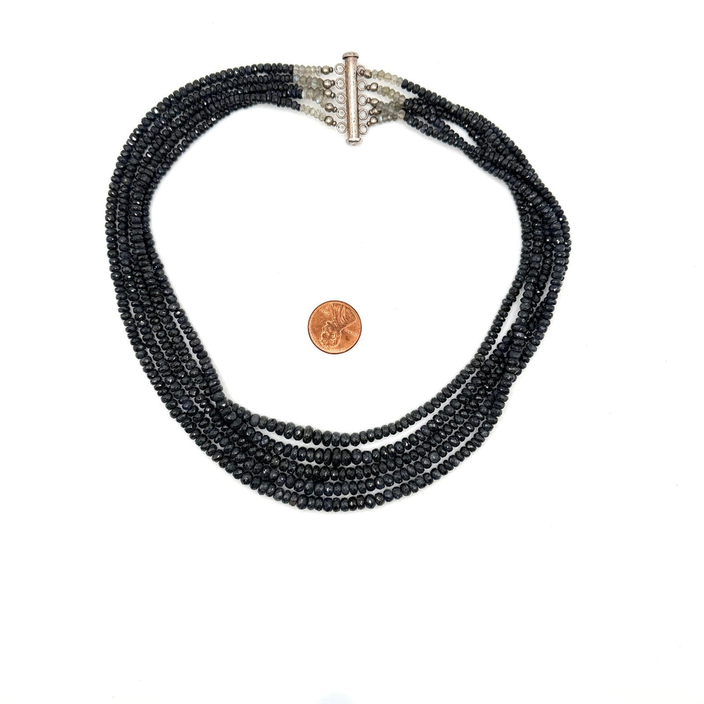 Vintage 90s Sterling Silver Sapphire Labradorite Graduated Multi Strand Necklace