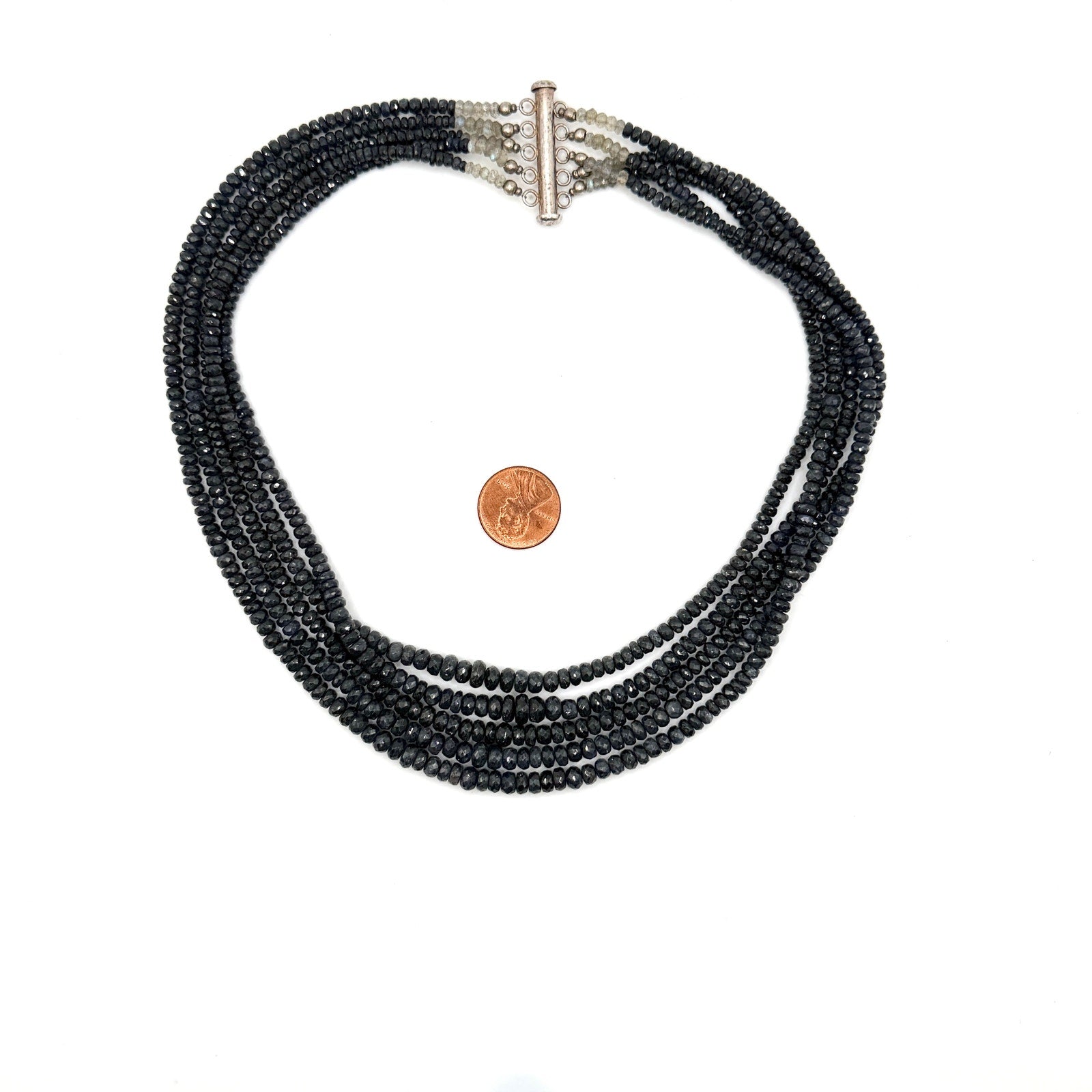 Vintage 90s Sterling Silver Sapphire Labradorite Graduated Multi Strand Necklace