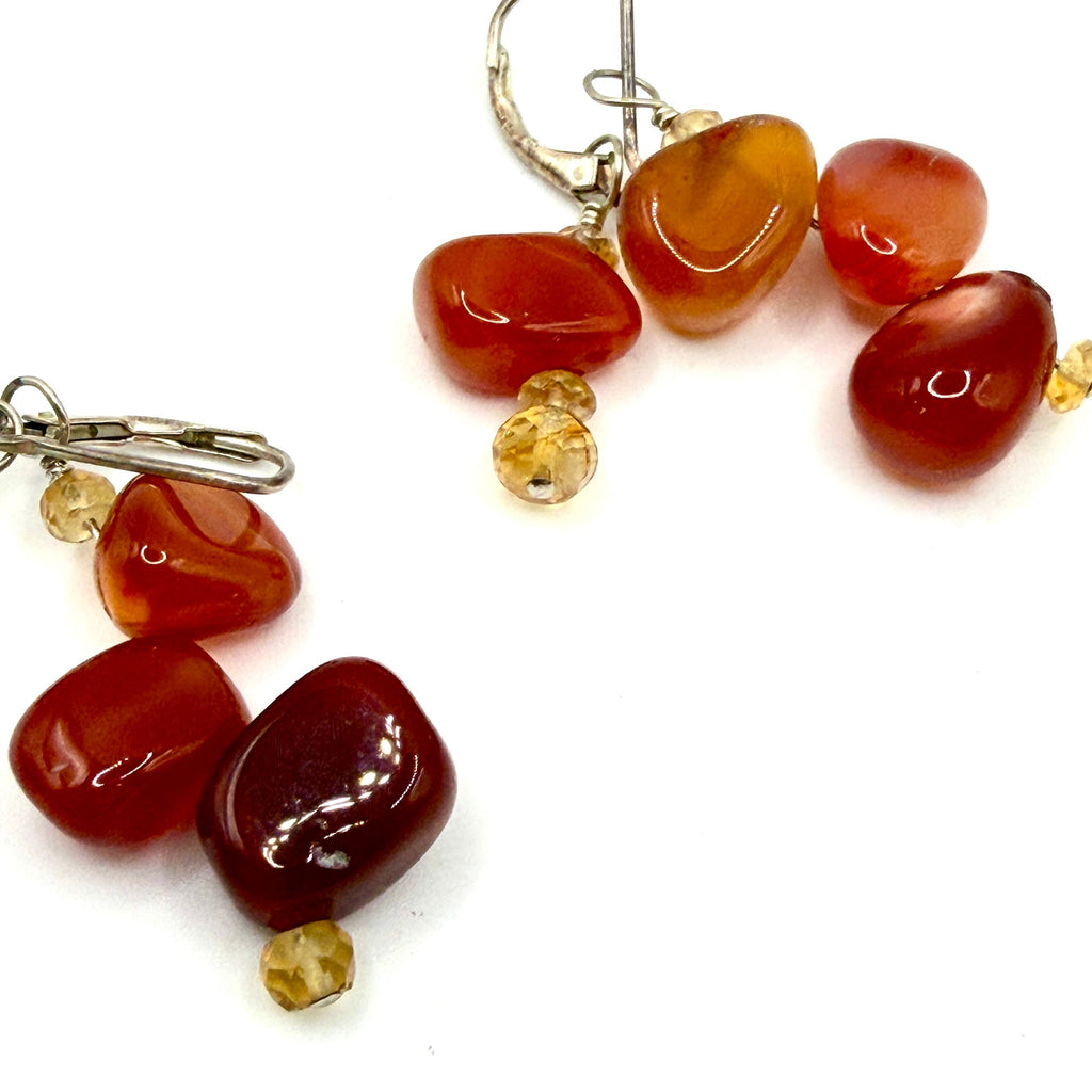 Vintage 90s Carnelian Citrine Nugget Sterling Silver Dangle Earrings
