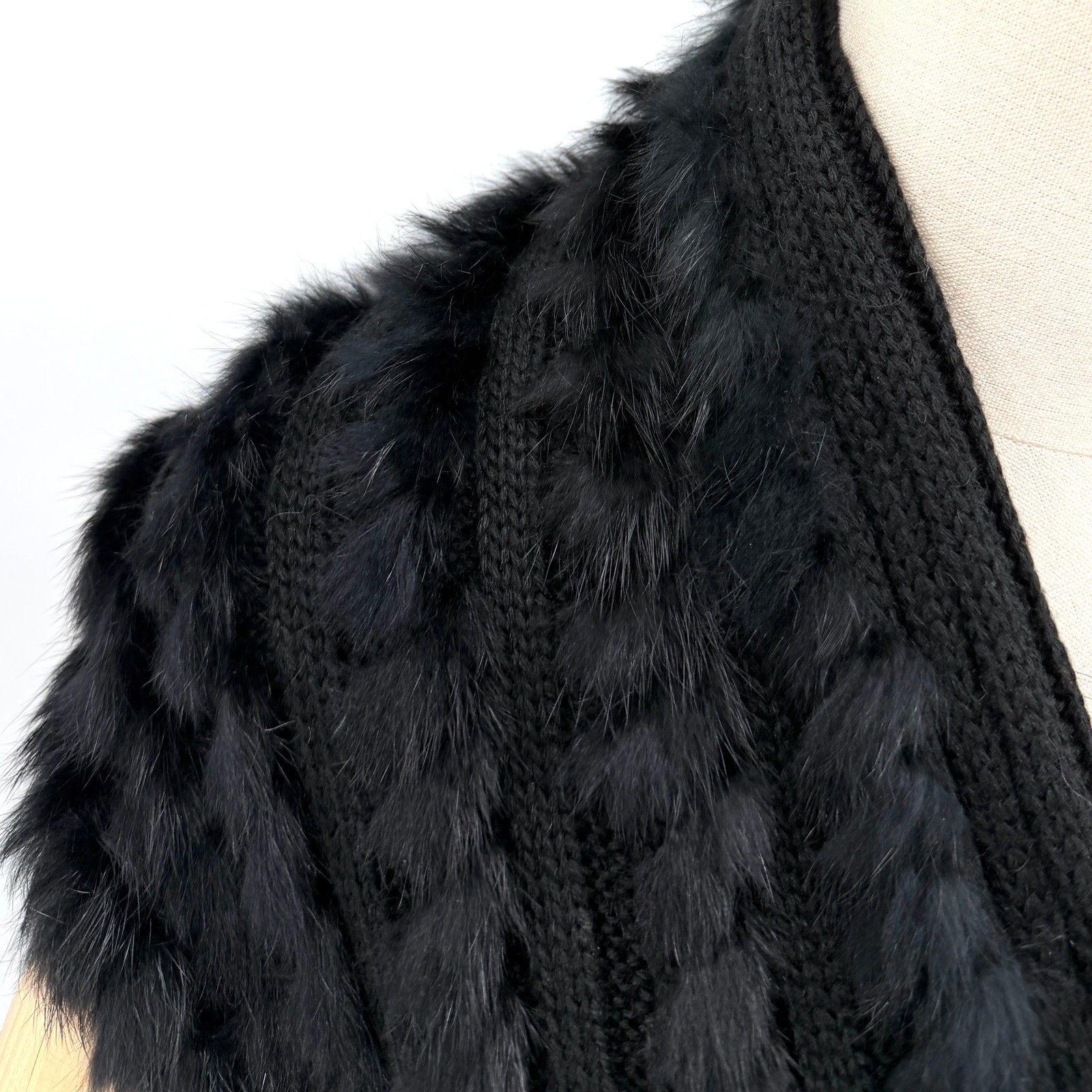 Vintage Y2K Fantazia Black Genuine Rabbit Fur Boho Fringe Self Tie Sweater Vest