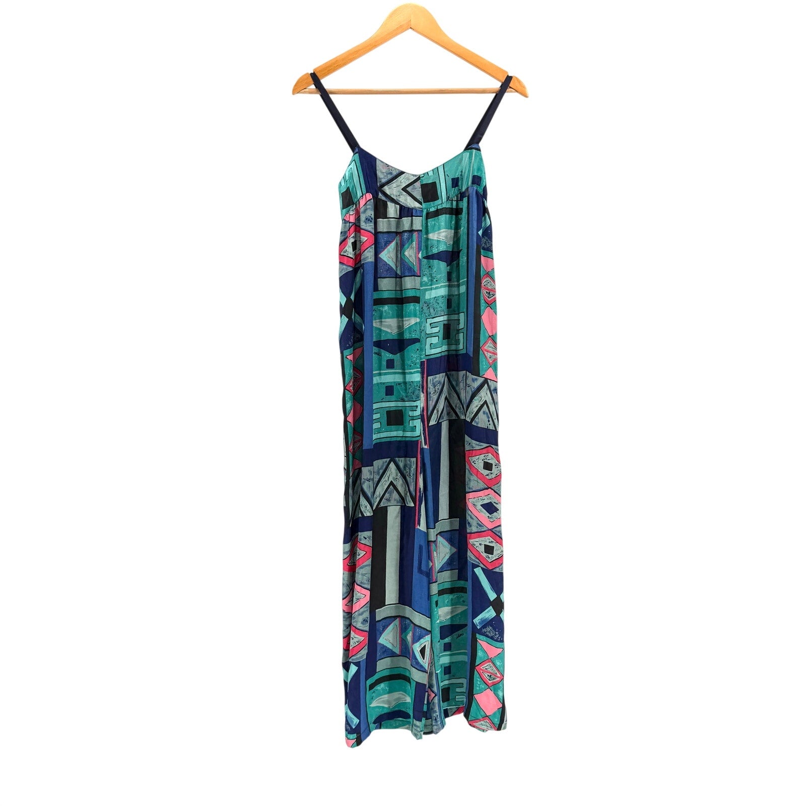 Vintage 90s Teal Pink Geometric Print Wide Leg Satin Jumpsuit