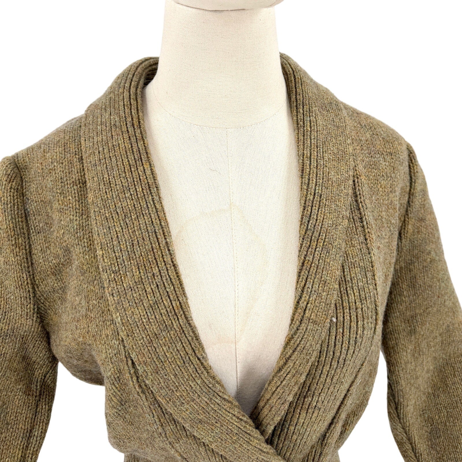 Vintage 60s Olive Green 100% Wool Puff Sleeve Shawl Cardigan Sweater