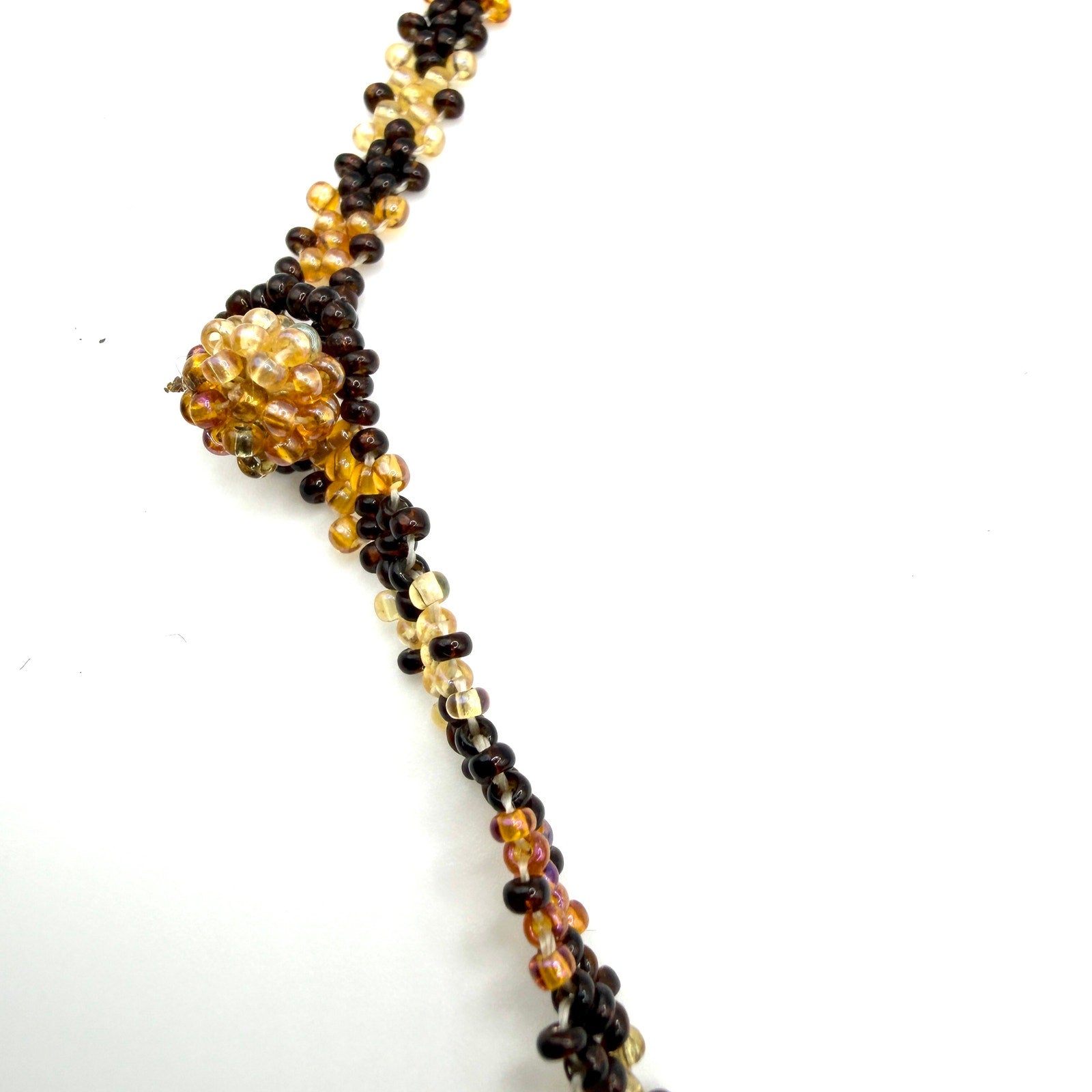 Vintage 90s Boho Bronze Gold Hand Beaded Glass Seed Bead Amulet Pouch Necklace