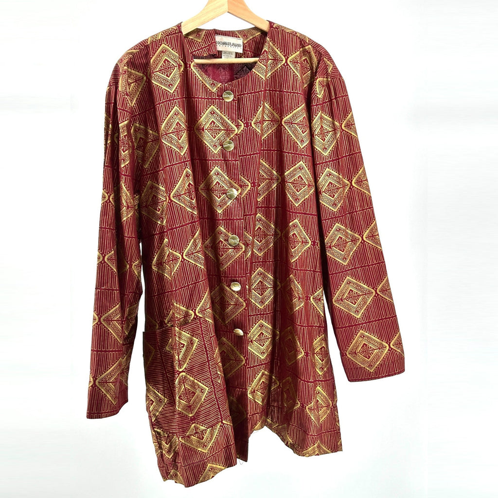 Vintage 90s Homeland Authentics Maroon Gold Tribal Metallic Cotton Jacket