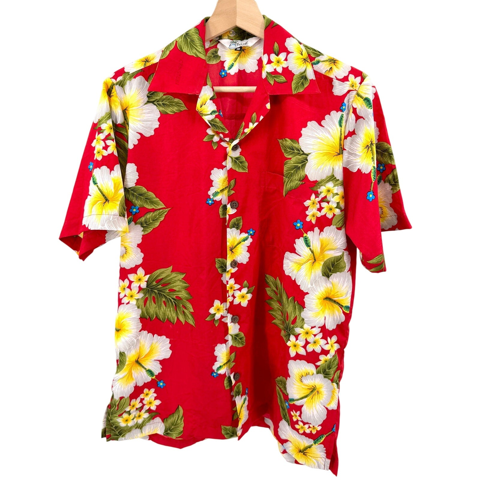 Alvish Red Yellow White Tropical Floral Hawaiian Short Sleeve Shirt