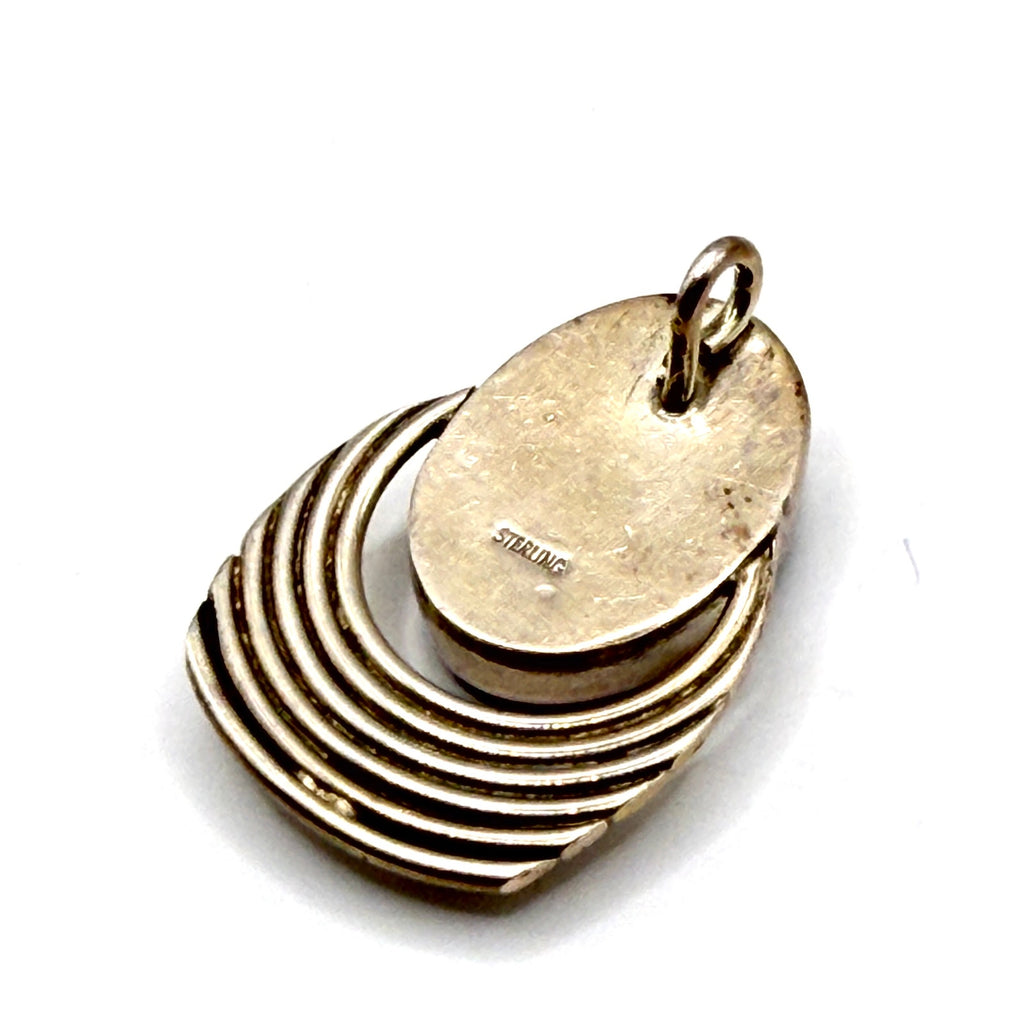 Vintage 90s Blue Tiger Eye Stamped Sterling Silver Modernist Crescent Pendant