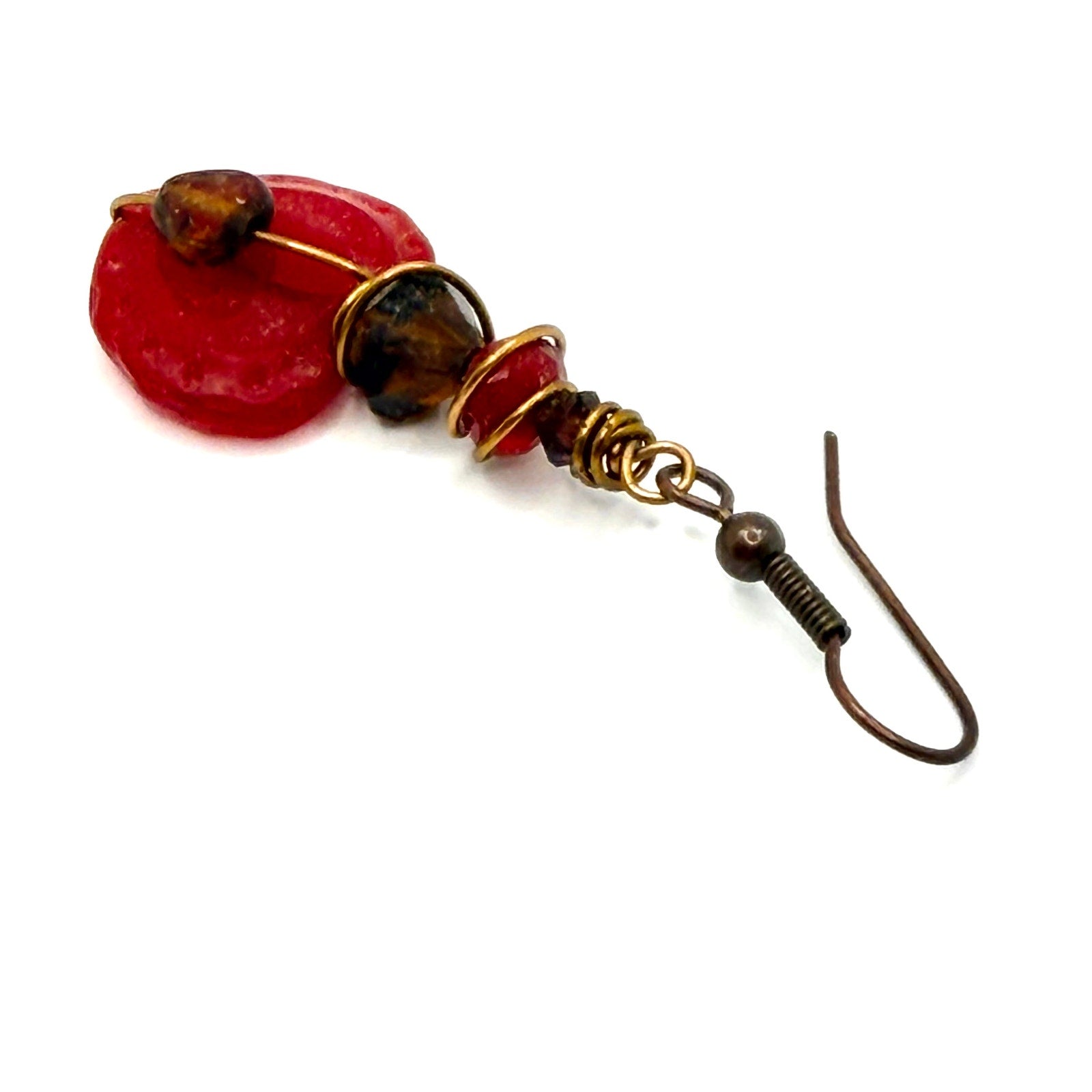 Vintage 90s Red Wire Wrapped Glass Heart Beaded Drop Earrings