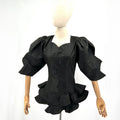 Handmade Black Coated Cotton Puff Sleeve Peplum Blouse