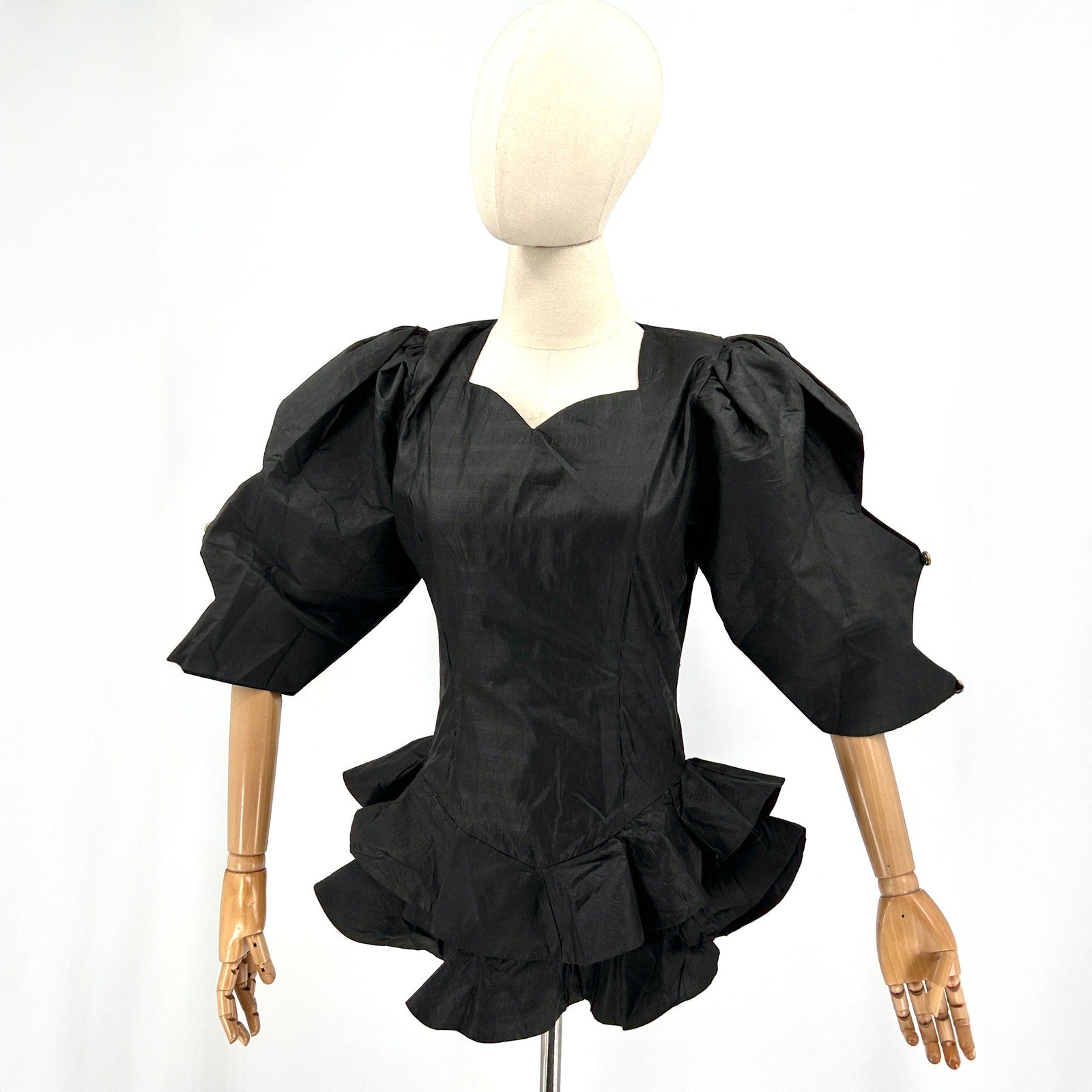 Handmade Black Coated Cotton Puff Sleeve Peplum Blouse
