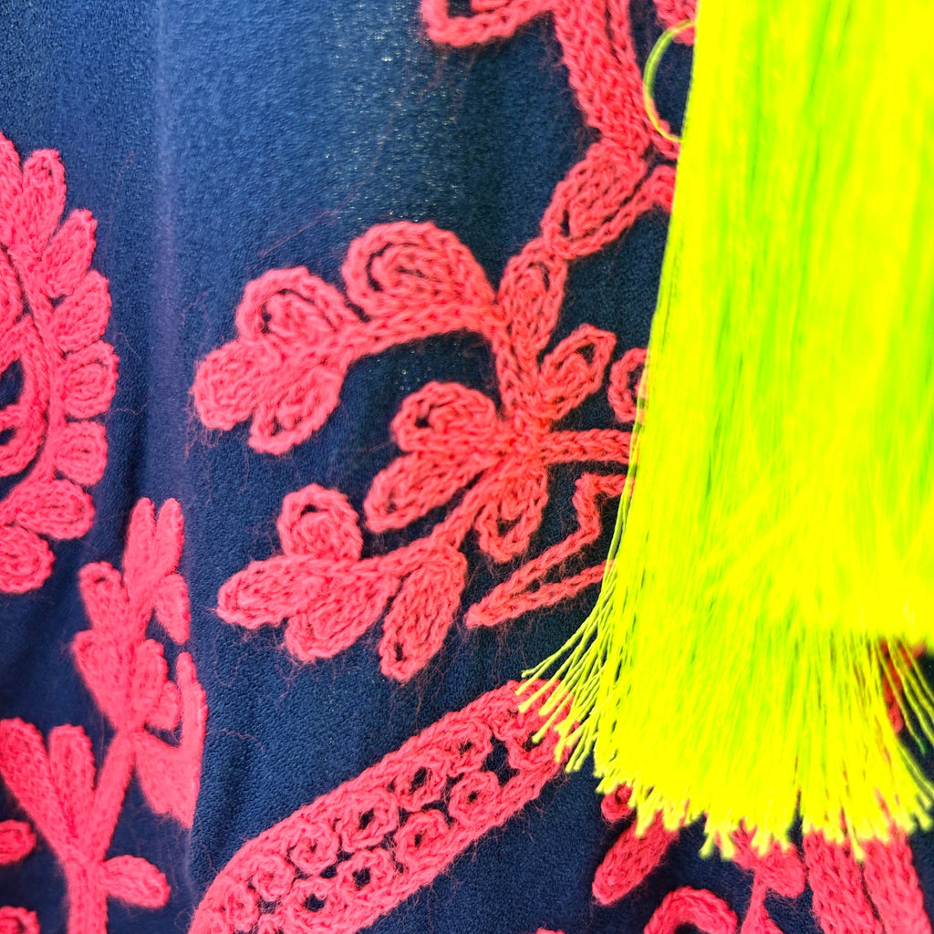 Lilly Pulitzer Navy Blue Pink Embroidered Tassel Peasant Blouse