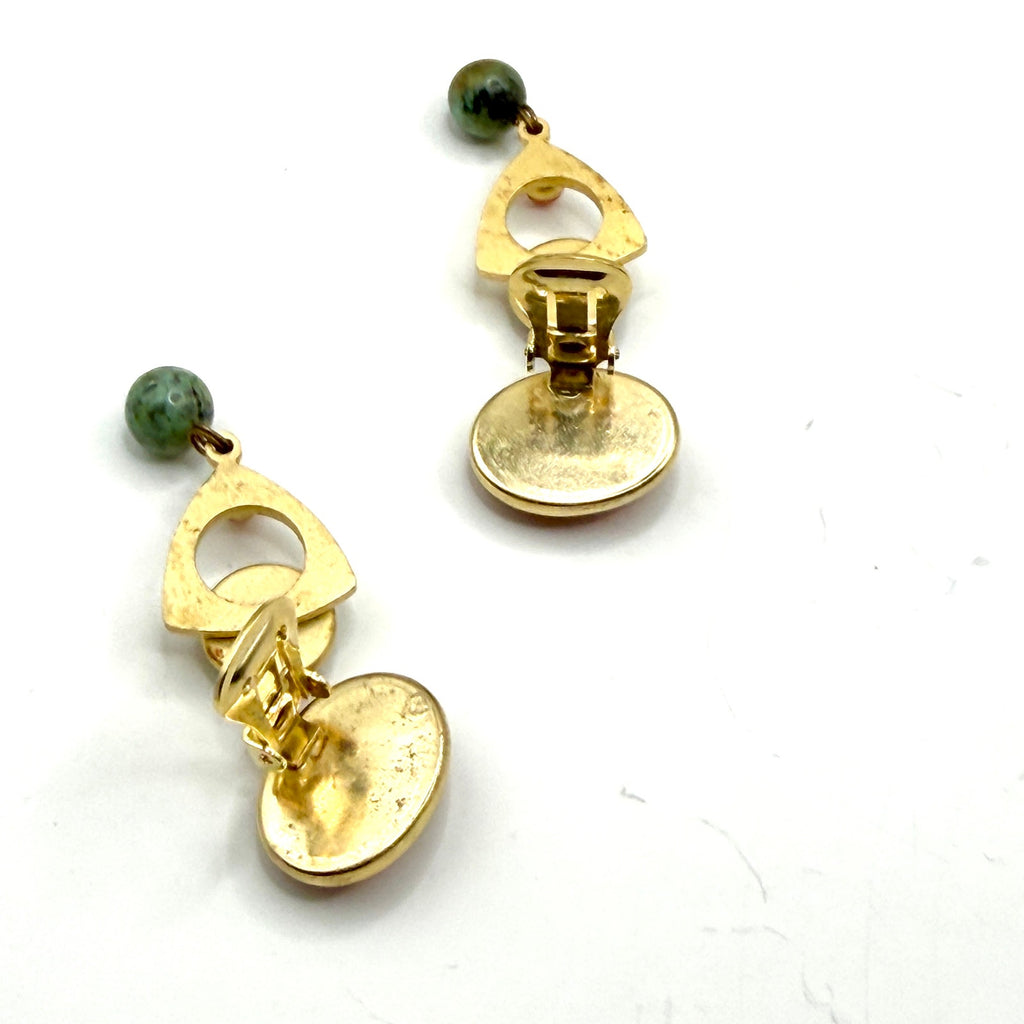 Vintage 80s Gold Orange Green Resin Geometric Dangle Clip On Earrings