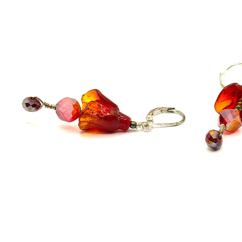 Vintage 90s Red Floral Tulip Drop Beaded Leverback Earrings