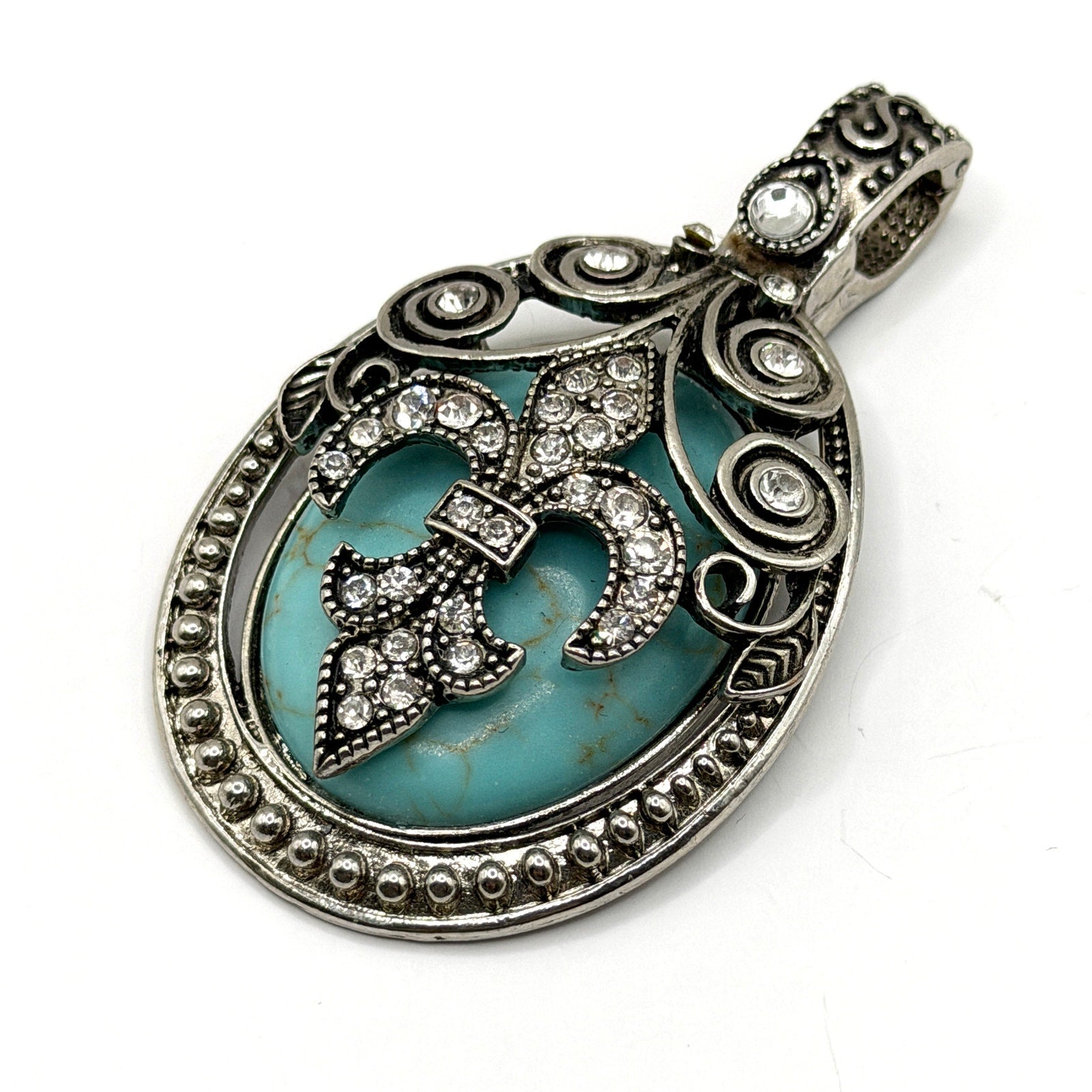 Vintage Y2K Fleur de Lis Turquoise Rhinestone Magnetic Enhancer Pendant