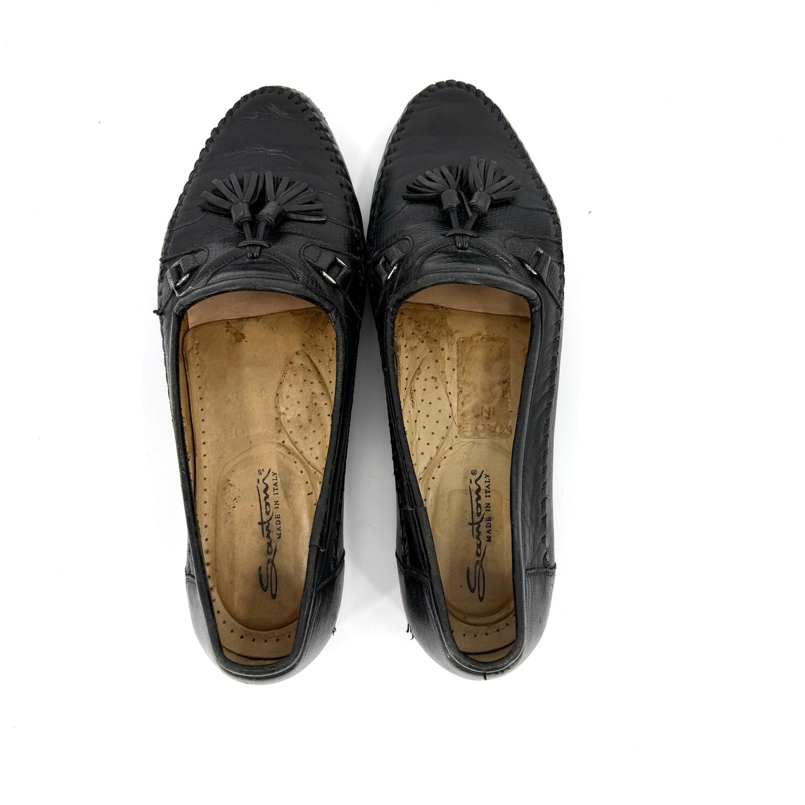 Vintage 90s Santoni Black Genuine Leather Snake Embossed Tassel Loafers