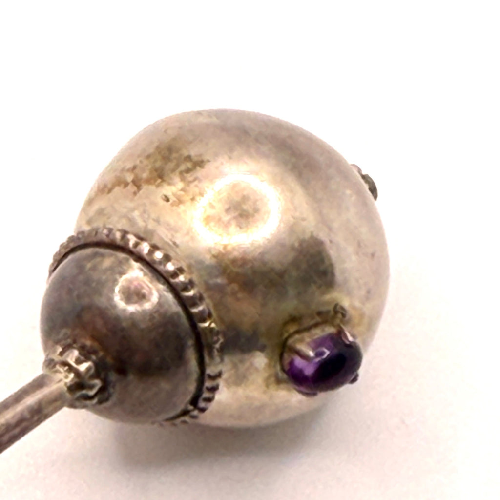Vintage 90s Sterling Silver Amethyst Sculptural Maraca Pendant