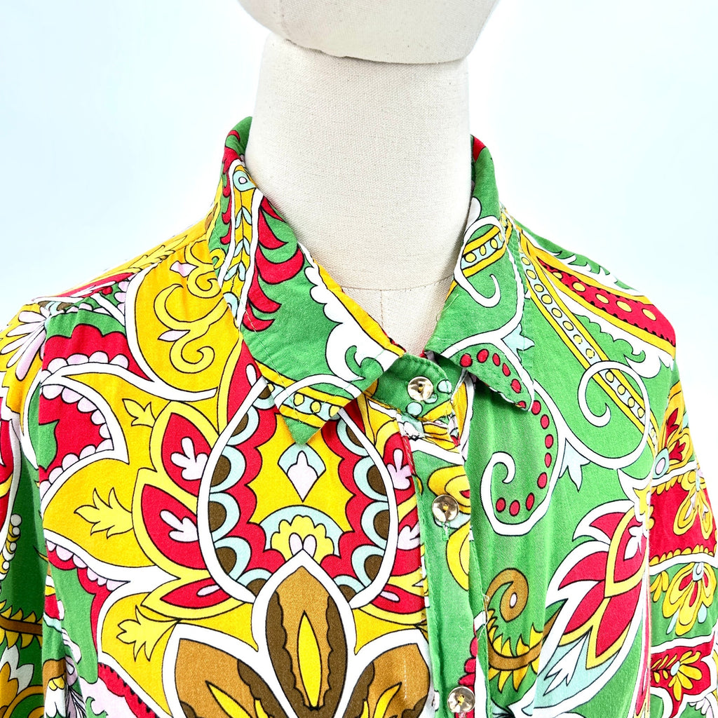 Haute Hippie Green Yellow Paisley Silk Wrap Front Tie Crop Top Blouse